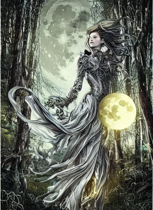 Image similar to glowing silver and golden elements, portrait, A beautiful dark witch in front of the full big moon, book cover, green forest, red white black colors, establishing shot, extremly high detail, foto realistic, cinematic lighting, pen and ink, intricate line drawings, by Yoshitaka Amano, Ruan Jia, Kentaro Miura, Artgerm, post processed, concept art, artstation, matte painting, style by eddie, raphael lacoste, alex ross