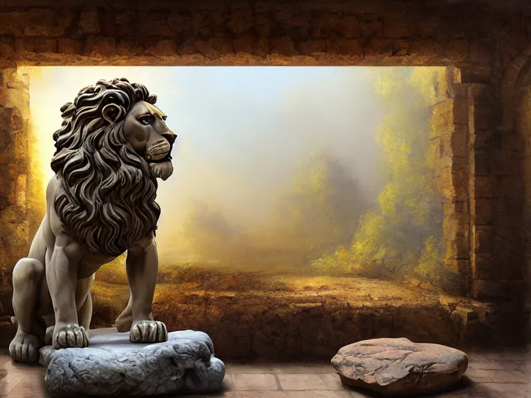 Image similar to expressive rustic oil painting, a stone workshop with in the center an impressive large statue of a marble lion, dust, ambient occlusion, morning, rays of light coming through windows, dim lighting, brush strokes oil painting