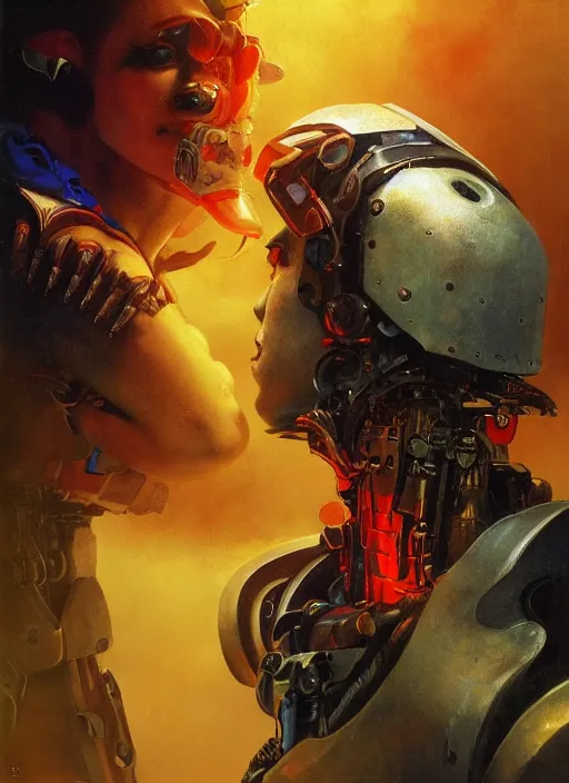 Image similar to ( ( symmetry ) ) closeup portrait of a stunning armored cyborg egirl pirate captain ( ( ( crying in tears ) ) ), strong cinematic light, backlit, red yellow blue, viscous volumetric smoke, mist, by gerald brom, by mikhail vrubel, by peter elson, muted colors, extreme detail, trending on artstation, 8 k