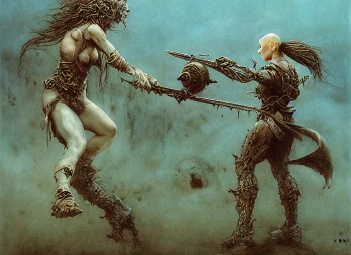 Image similar to bald barbarian girl fighting ethereal goblin princess by Beksinski and Luis Royo