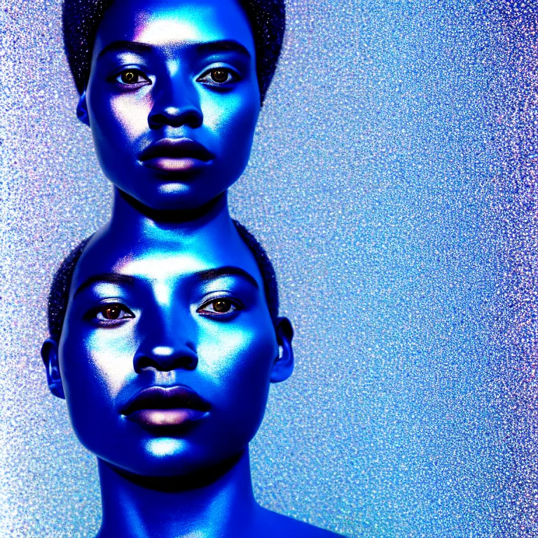 Image similar to portrait of iridescent metallic face, african woman, mercury, smooth reflections, proud looking away, outdoor, blue sky, 8 k, realistic, depth of field, highly detailed, award winning photography, by richard mosse