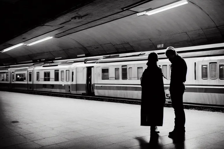 Image similar to vfx movie couple in a train station flat color profile low - key lighting award winning photography cinematography atmospheric cool color - grade