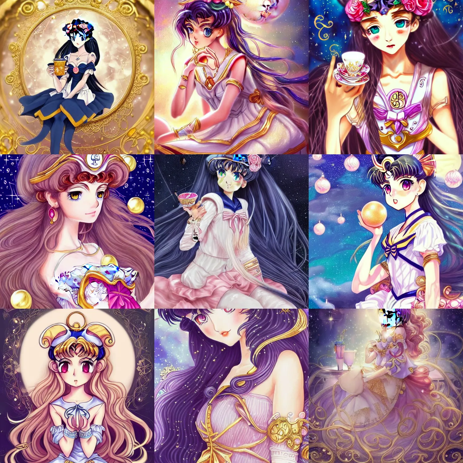 Prompt: beautiful detailed sailor moon aesthetic, beautiful detailed fantasy, beautiful detailed intricate, beautiful detailed elegant, highly detailed, beautiful detailed digital painting, artstation, beautiful detailed concept art, a beautiful girl with long dark hair and bangs, wearing a gold sailor dress, sitting alone in a cafe with magic items all around, matte, sharp focus, highly detailed illustration, highly intricate detailed art by Artgerm and Greg Rutkowski and Alphonse Mucha