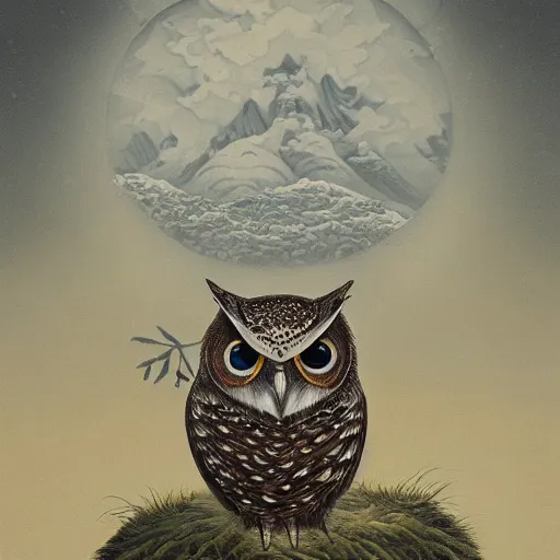 Image similar to a painting of an owl sitting on top of a snowy hill, a surrealist painting by Yoshitaka Amano, behance contest winner, pop surrealism, lovecraftian, ukiyo-e, detailed painting