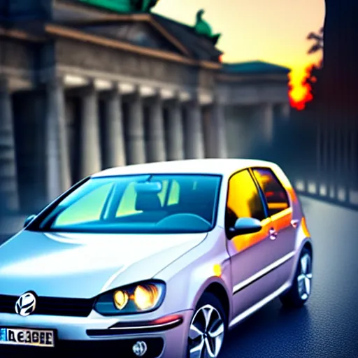 Image similar to a car parked VW Golf GTI at side of road, Berlin City, city sunset, cinematic color, photorealistic, highly detailed, bokeh