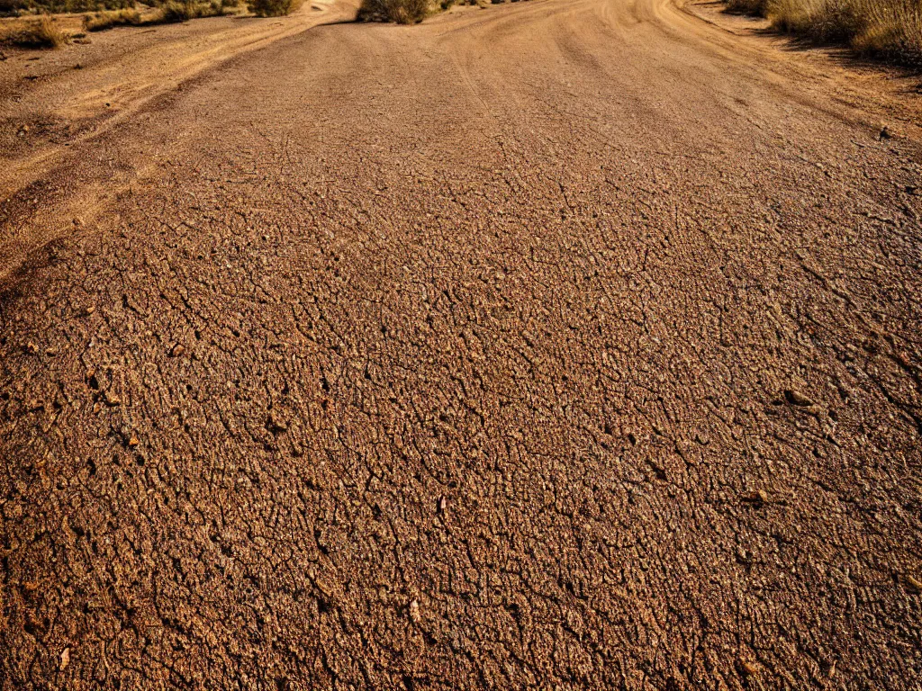 Prompt: a close up of a dirt road bordered by dry grass, highly textured