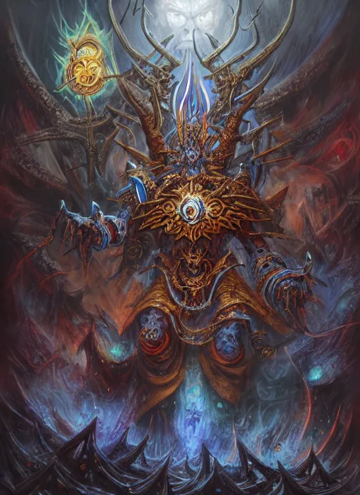 Prompt: wide shot of a changer of ways tzeentch, evil warp energy, intricate, warhammer, warhammer 4 0 k, highly detailed, digital painting, concept art, sharp focus, illustration, psychedelic, grim dark, moody, gloomy, art by john blanche, by pedro nunez, by jaime martinez, by nacho molina