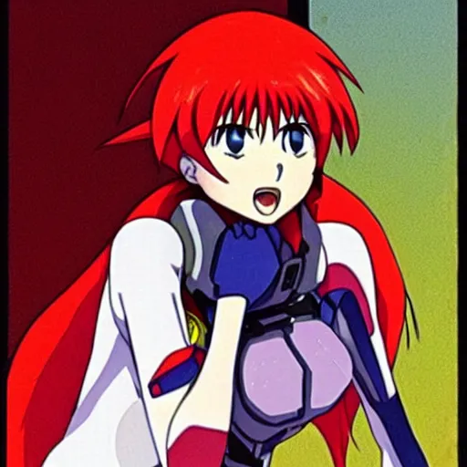 Prompt: Asuka from the End of Evangelion, iconic scene, anime, official artwork