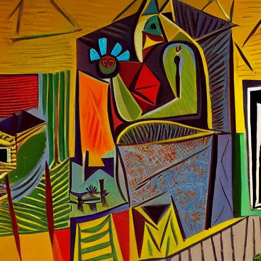 Prompt: Intricate five star Kerala village by Pablo Picasso, oil on canvas, high detail, matte finish, high contrast, 3d depth, masterpiece, vivid colors, artstationhd