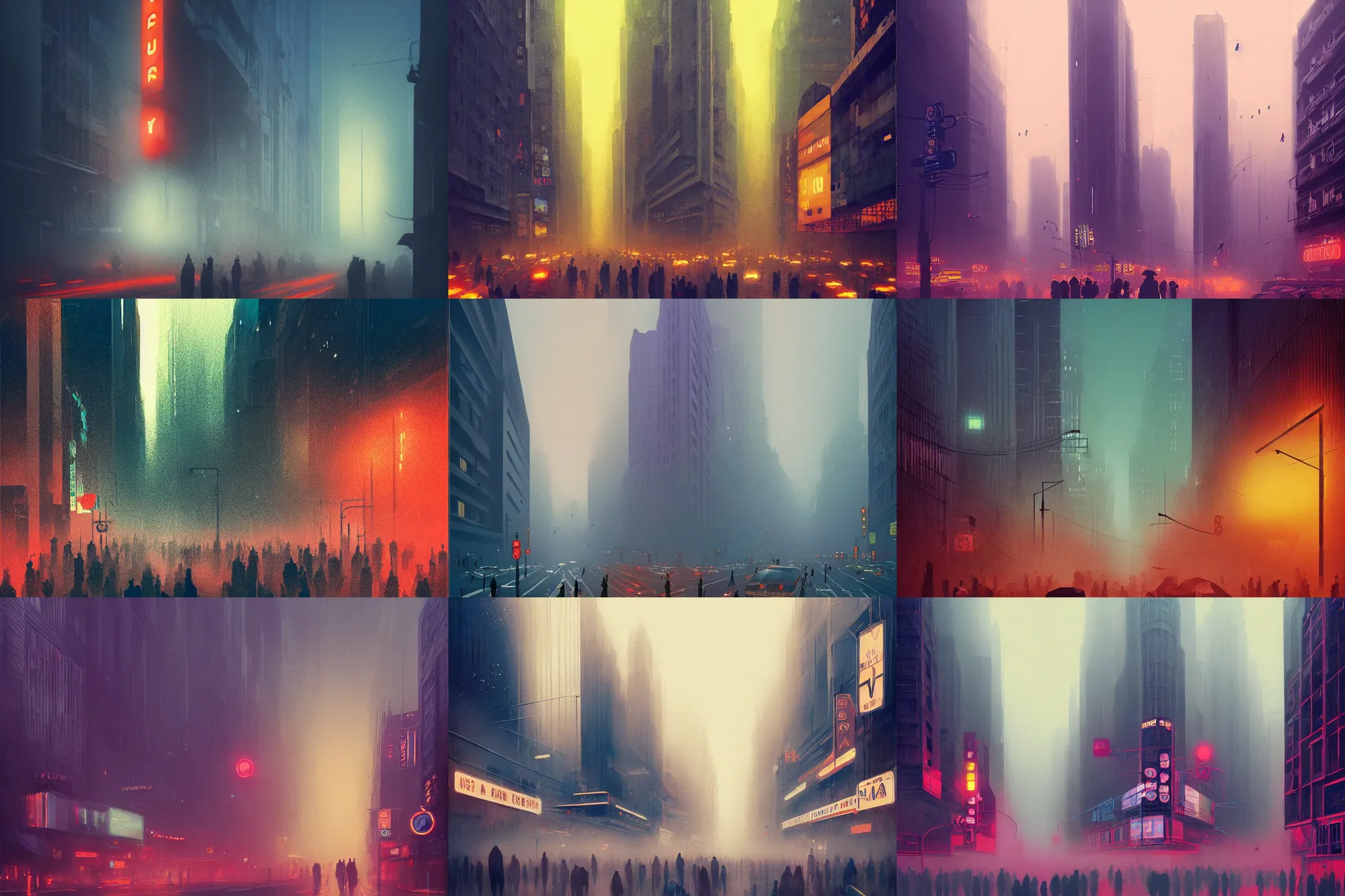 Prompt: portrait of a busy city street many people, modern art deco, colorful, mads berg, christopher balaskas, victo ngai, low fog, fine texture, detailed, muted colors, dramatic lighting, dynamic composition, matte print, wide angle, moody, stippled light, very grainy texture