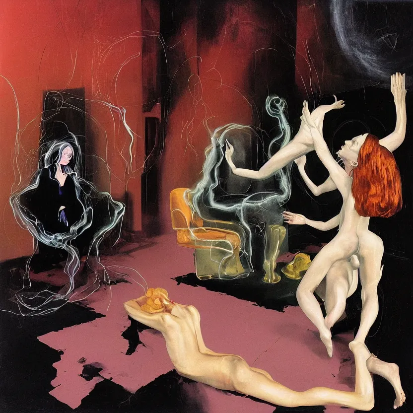 Prompt: One man and one woman attached by love in a living room of a house, floating dark energy surrounds the middle of the room. There is one living room plant to the side of the room, surrounded by a background of dark cyber mystic alchemical transmutation heavenless realm, cover artwork by francis bacon and Jenny seville, midnight hour, part by adrian ghenie, part by jeffrey smith, part by josan gonzales, part by norman rockwell, part by phil hale, part by kim dorland, palette knife texture, paint drip, muted cold colors, artstation, highly detailed
