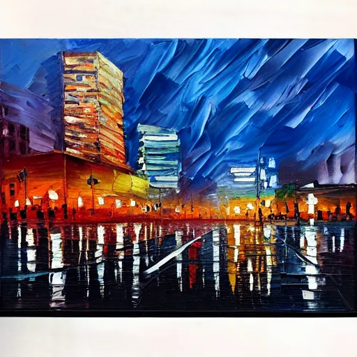 Prompt: palette knife oil painting of downtown los angeles at dusk