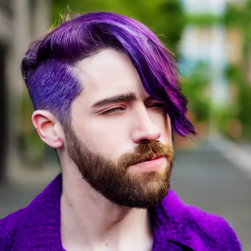 Prompt: a portrait of a sexy queer man with short stylish purple hair, 4k, photorealistic, shallow depth of field
