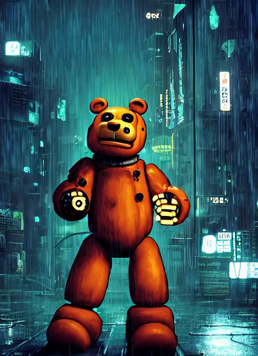 Image similar to character portrait of Freddy Fazzbear from Five Nights at Freddy's in a cyberpunk city at night while it rains. hidari, color page, tankoban, 4K, tone mapping, Akihiko Yoshida. Nomax, Kenket, Rukis. comic book style, photorealistic, professional lighting, hyperdetailed, high resolution, high quality, dramatic, deviantart, artstation, 4k, real photo