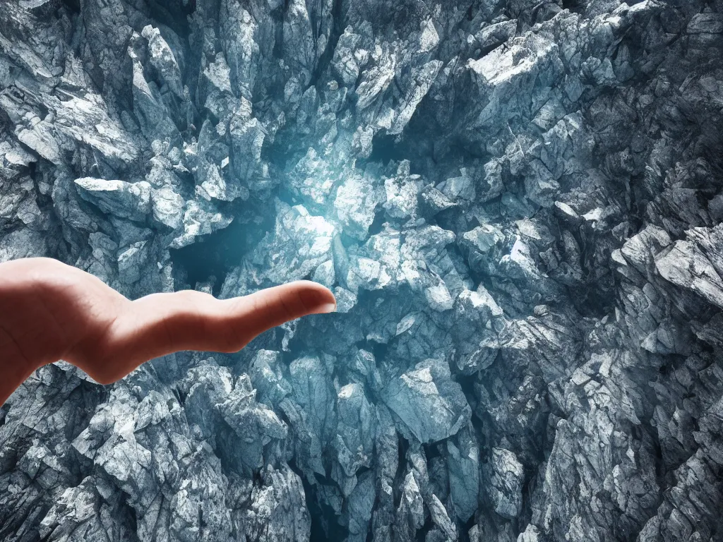 Prompt: the edge of the world, 4k, epic scene, giant android hand reaching out of a chasm