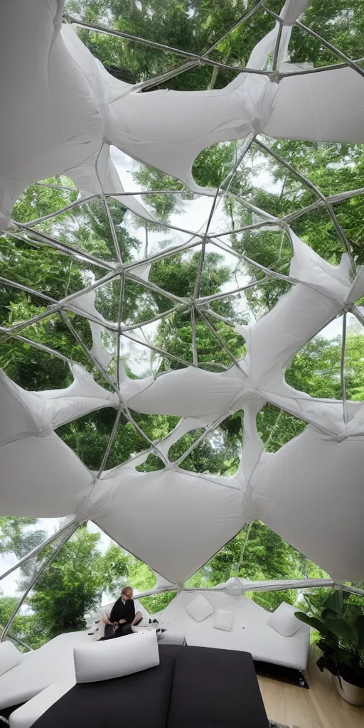 Prompt: inside an inflatable organic geodesic home. The inflatable fabric is translucent white with black stitching. A very tall double-height living room and kitchen. The walls bulge with the inflated pressure. The mesh fabric has a strong texture. The inflatable geodesic has a cellular geometry. On the floor of the living room is a hydroponic garden. A family is eating breakfast at a table. Architectural photography. Unreal engine, 4K, 8k. Volumetric Lighting