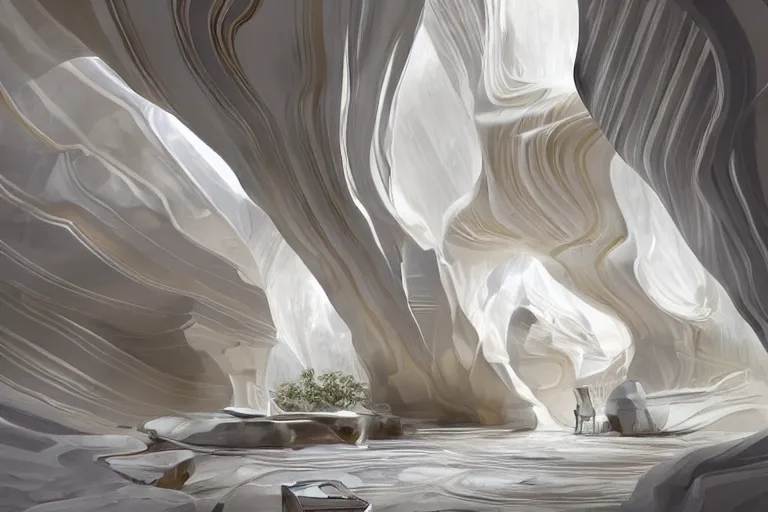 Image similar to modern chic futuristic luxurious house with white and gold intricate details, luxurious, located on Antelope canyon, rocks formed by water erosion, walls made of beautiful smooth sandstone with light beams that shine through, polish narrow slots of walls into a striated swirling finish, digital painting, concept art, smooth, sharp focus, from Star Trek 2021, illustration, by WLOP and Ruan Jia and Mandy Jurgens and William-Adolphe Bouguereau, Artgerm