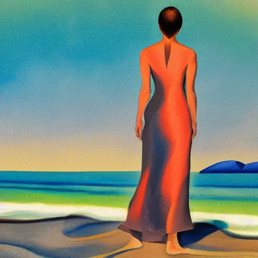 Prompt: a woman standing in the sea at the beach. She is wearing a flowing dress in the style of Georgia O\'Keeffe. Sunlight is reflecting off the waves. In the background is a small island. Detailed digital art.