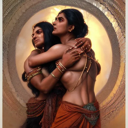 Prompt: portrait painting of dark muscular indian women hugging from behind, ultra realistic, concept art, intricate details, eerie, highly detailed, photorealistic, octane render, 8 k, unreal engine. art by artgerm and greg rutkowski and alphonse mucha