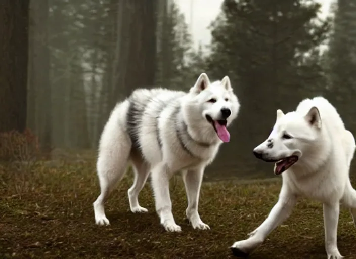 Prompt: film still of an anthropomorphic standing upright man dog white vested husky!!!!!! in a white vest wearing a white vest!!!!! in the new sci - fi movie, 8 k