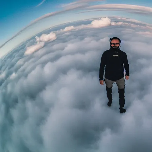 Prompt: walking around on clouds, GoPro, wide angle lens, high resolution 8k,