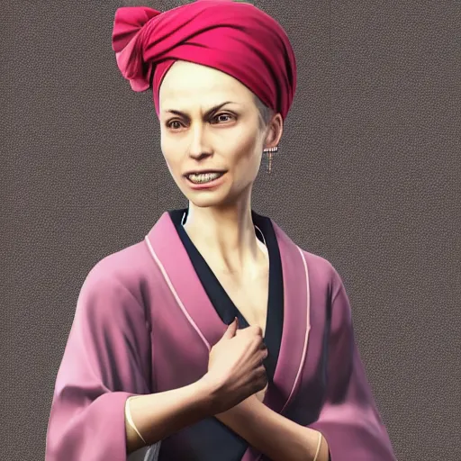 Prompt: [Emma Bonino] in Yakuza videogame, she is wearing a kimono and a turban,artwork 8k, trending on artstation