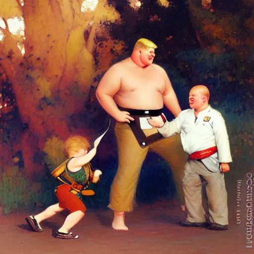 Image similar to bobby hill taking back his purse from the self defense instructor, dojo background, painting by gaston bussiere, craig mullins, j. c. leyendecker