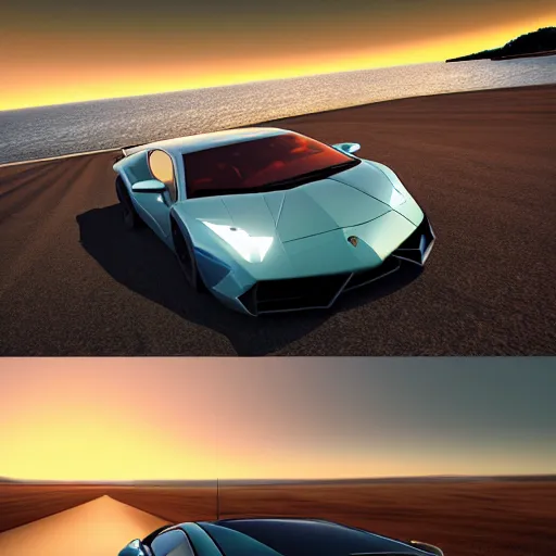 Prompt: luxury sports car driving near sea in the sunset, lamborghini design, automotiv design, unreal engine, dynamic perspective, cinematic light, 4 k