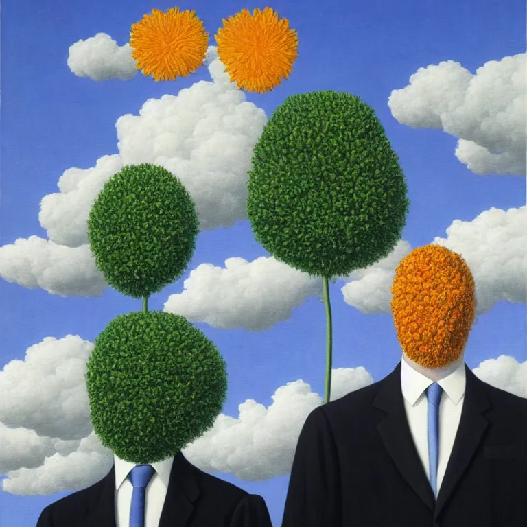 Image similar to portrait of a faceless beautiful flower - head man in a suit, clouds in the background, by rene magritte, detailed painting, distance, middle centered, hd, hq, high resolution, high detail, 4 k, 8 k