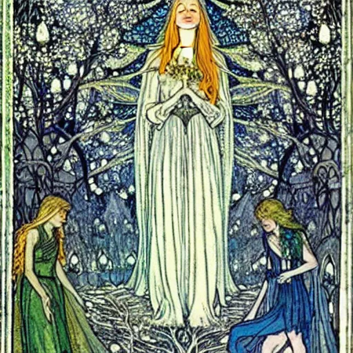 Image similar to Galadriel is crowned by fairies as their queen, the background is a fairy forrest, starry night, detailed, blue tones, silver, romantic, intricate fairy tale illustration from an old book by Walter Crane, Florence Harrison and Arthur Rackham