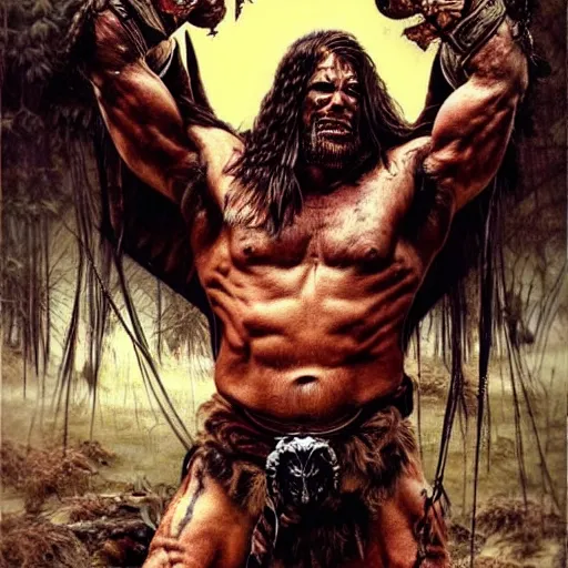 Image similar to ripped barbarian viking, pulling a raven away from his face, face with agonised expression, sunset in a forest, by simon bisley and daarken, hyper realistic