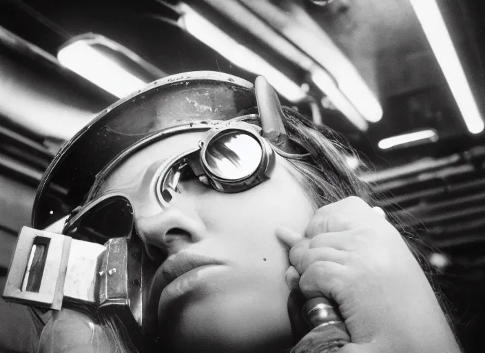 Image similar to close - up portrait of a young woman wearing a choker and welding goggles, in a subway, richard avedon, tri - x pan