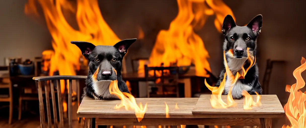 Image similar to a photograph (flash on) of a relaxed anthropomorphic dog sitting on a wooden chair at a table (no fire at all there), surrounded by flames, there is a full cup of coffee on the table, huge fire on this dining room in the background, a lot of flames behind the dog, black smoke instead of the ceiling, no watermark