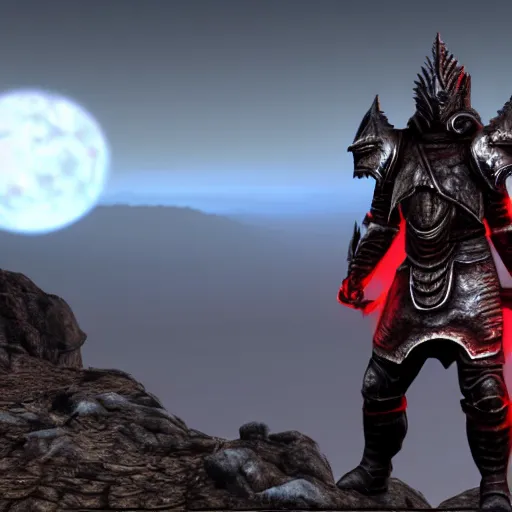 Image similar to photo realistic dovahkiin standing on a mountain wearing daedric armor with an eerie blood red eclipse in the background