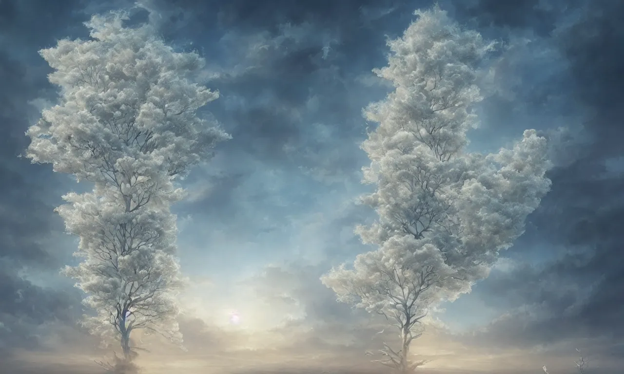 Prompt: a beautiful digital painting of a white tree merged in the clouds, birds flying in the sunlight, totaly white trunk made of smoke, blue sky at sunset, elegant, highly detailed, artstation, concept art, matte, sharp focus, art by tom bagshaw, kelogsloops and greg rutkowski