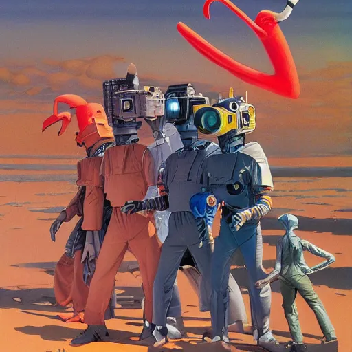 Image similar to a lone Android, wearing a cloth flamingo print bucket hat, by John Harri and Michael Whelan and John Berkey and Robert McCall and Chris Foss and Chris Moore and Vincent Di Fate and Rafał Olbiński and Jim Burns