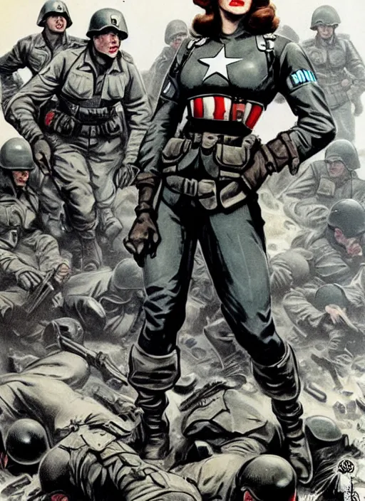 Image similar to beautiful female captain america standing on a pile of defeated german soldiers. feminist captain america wins wwii. american wwii propaganda poster by james gurney. gorgeous face. tactical gear. overwatch