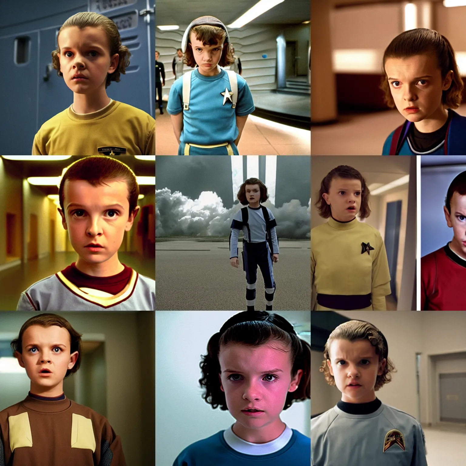 Prompt: Eleven from Stranger Things, wearing a Starfleet uniform, at Starfleet Academy, film still from Star Trek Nemesis