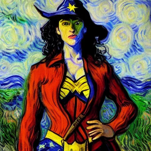 Prompt: Portrait painting of Gal Godot cosplaying as Vincent van Gogh Wonder Woman by Claude Monet, rendered in Unreal Engine, original Post Impressionist art