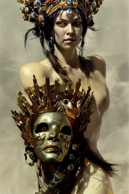 Image similar to beautiful expressive oil painting portrait of ancient cyborg god queen with a jeweled skull mask ascending wearing a neo japan crown, art by anders zorn, wonderful masterpiece by greg rutkowski, beautiful cinematic light, american romanticism by greg manchess, jessica rossier