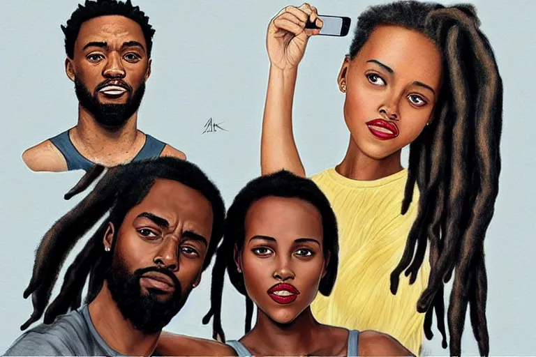 Image similar to a south african girl with medium length dreadlock hair, and a short - bearded mixed race man with short curly hair, in love selfie, lupita nyong'o, chadwick aaron boseman, artgerm, rhads, ross draws