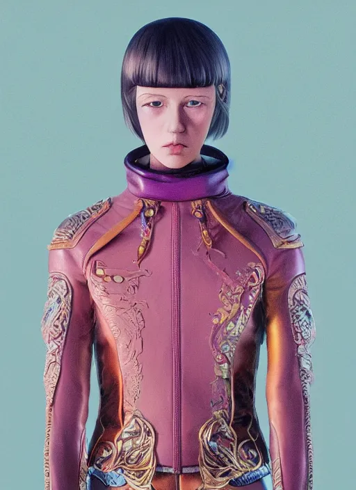 Image similar to skintight leather jacket : : by martine johanna and simon stalenhag and chie yoshii and casey weldon and wlop : : ornate, dynamic, particulate, rich colors, intricate, elegant, highly detailed, centered, artstation, smooth, sharp focus, octane render, 3 d