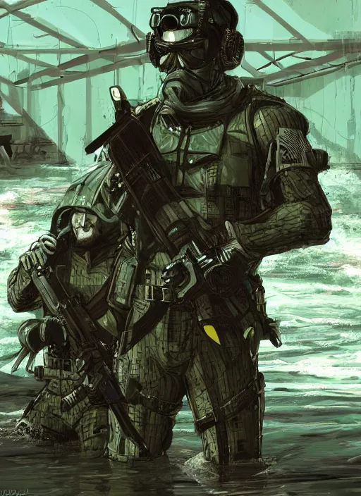 Image similar to solid snake. USN blackops operator emerging from water at the shoreline. Operator wearing Futuristic cyberpunk tactical wetsuit and looking at an abandoned shipyard. Frogtrooper. rb6s, MGS, and splinter cell Concept art by James Gurney, Alphonso Mucha. Vivid color scheme.