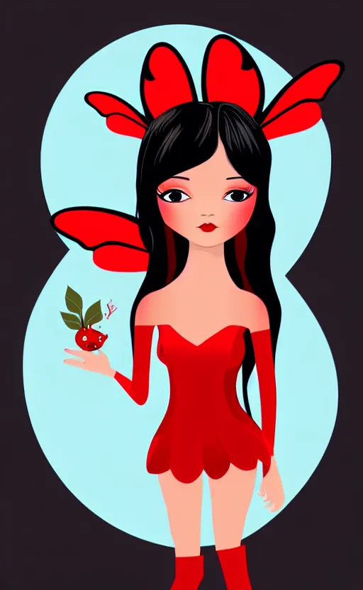 Image similar to fairy with a detailed face and black hair in a red outfit, full body, trending, vector art, illustration,