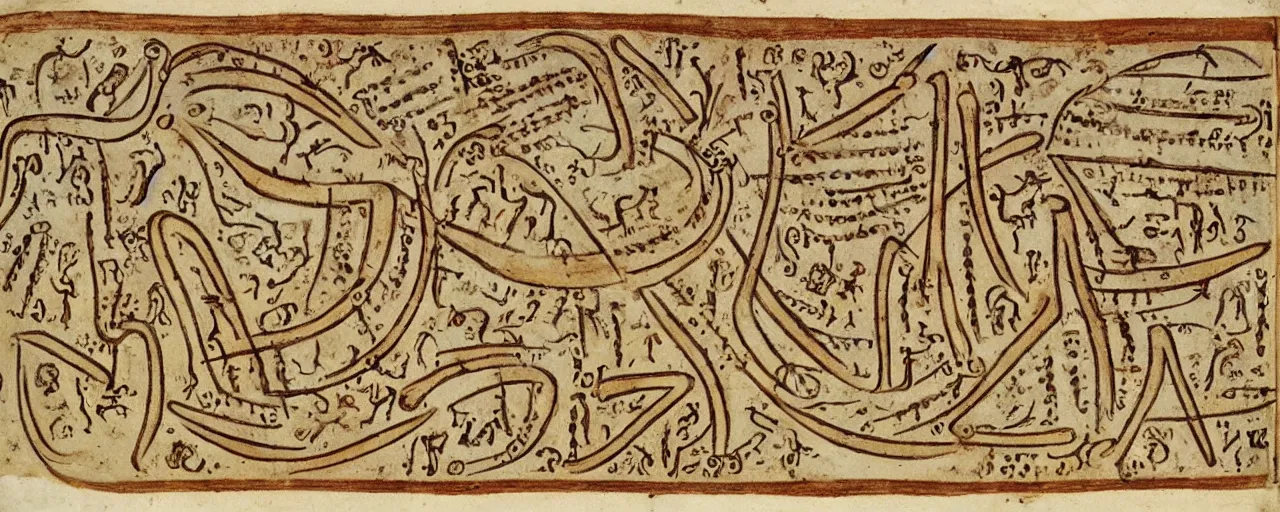 Image similar to ancient book with pictographs of spaghetti, in the style of the voynich manuscript, fine detail,