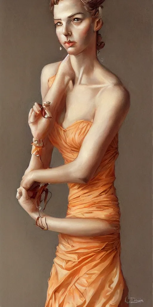 Prompt: a beautiful hyperrealistic portrait pose of a stunning 1950’s model in a cream-and-orange dress looking cheeky, intricate, elegant, highly detailed, smooth, sharp focus, award-winning, masterpiece, in the style of Tom Bagshaw, Cedric Peyravernay, Peter Mohrbacher