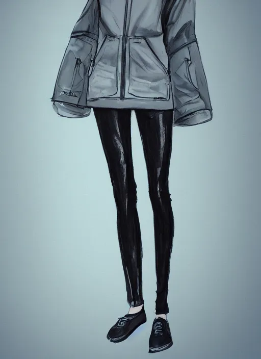 Prompt: a conceptual fashion sketch of a girl wearing a chloma designed anorak with skinny legs and futuristic leggings