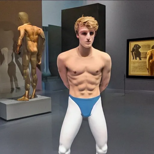 Image similar to “a realistic detailed photo of a guy who is an attractive humanoid who is half robot and half humanoid, who is a male android, British diver Jack Laugher & Chris Mears, shiny skin, posing like a statue, blank stare, at the museum, on display”