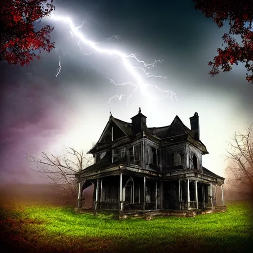 Prompt: haunted house, atmospheric, mist, lightning