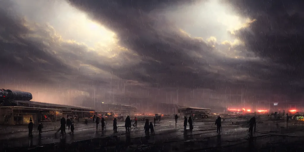 Prompt: A landscape with a dystopian spaceport, rain, oily puddles, mechanics, crates and parts on the ground, overalls, people are talking in the foreground, volumetric lighting, ray lighting from top of frame, crepuscular ray lighting from above, dynamic lighting, muted colors, by Greg rutkowski, thomas kinkade, Andreas rocha, john howe, pixar, f16, hd, 4k